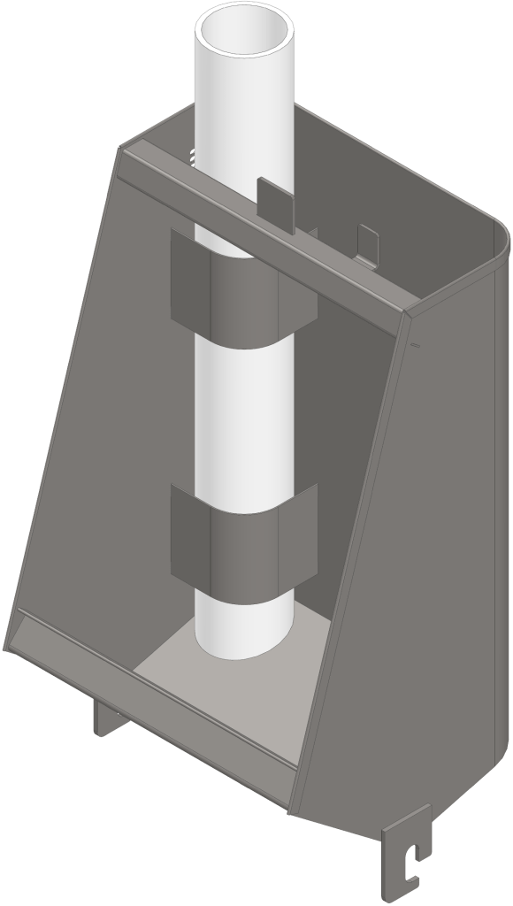 3D illustration of a gray rectangular sow feeder with a white feed tube and hopper