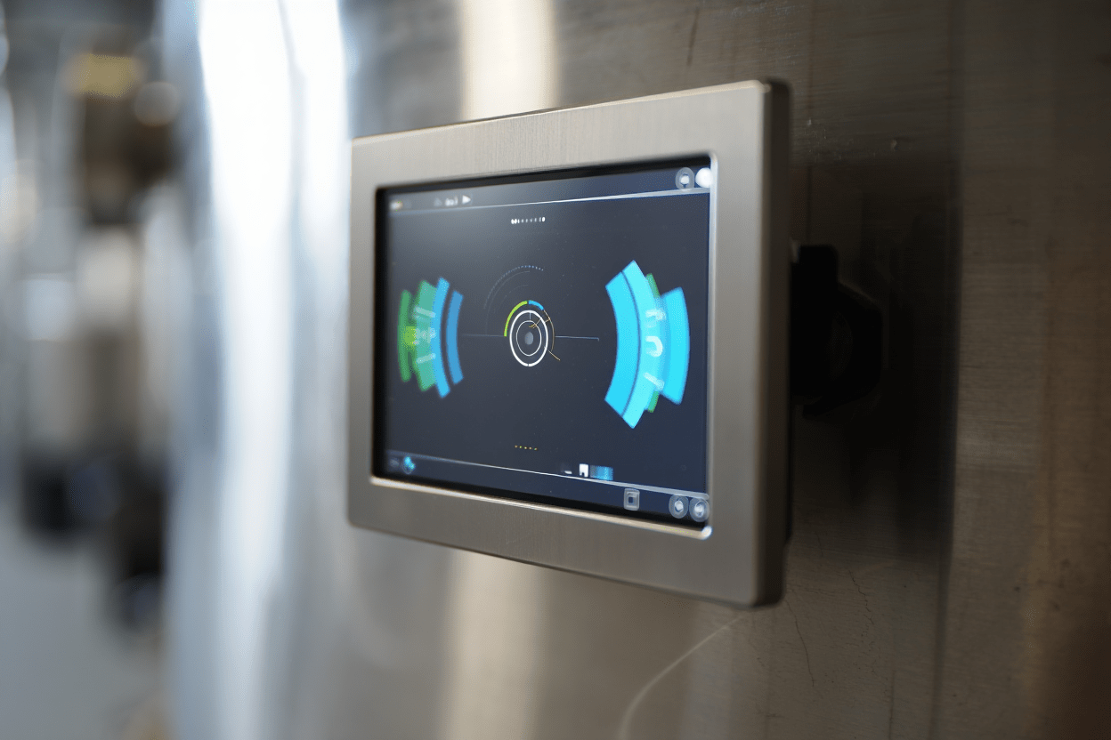 Digital touchscreen control panel showing a blue circular graphic display, mounted on a stainless steel panel