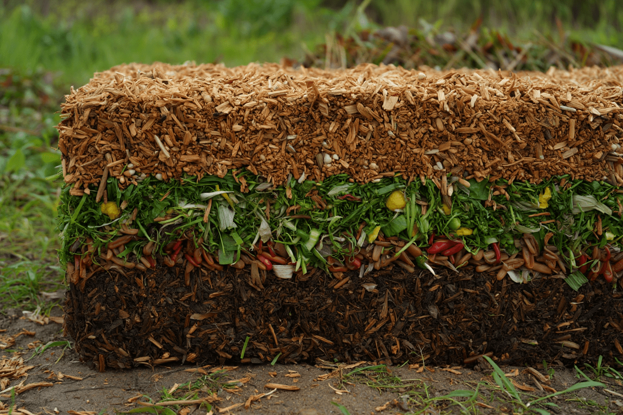 Cross section showing properly layered compost materials for animal waste composting
