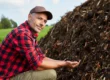 Farmer inspecting a large compost pile on a farm