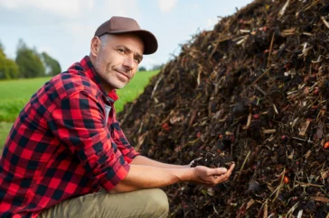 Farmer inspecting a large compost pile on a farm