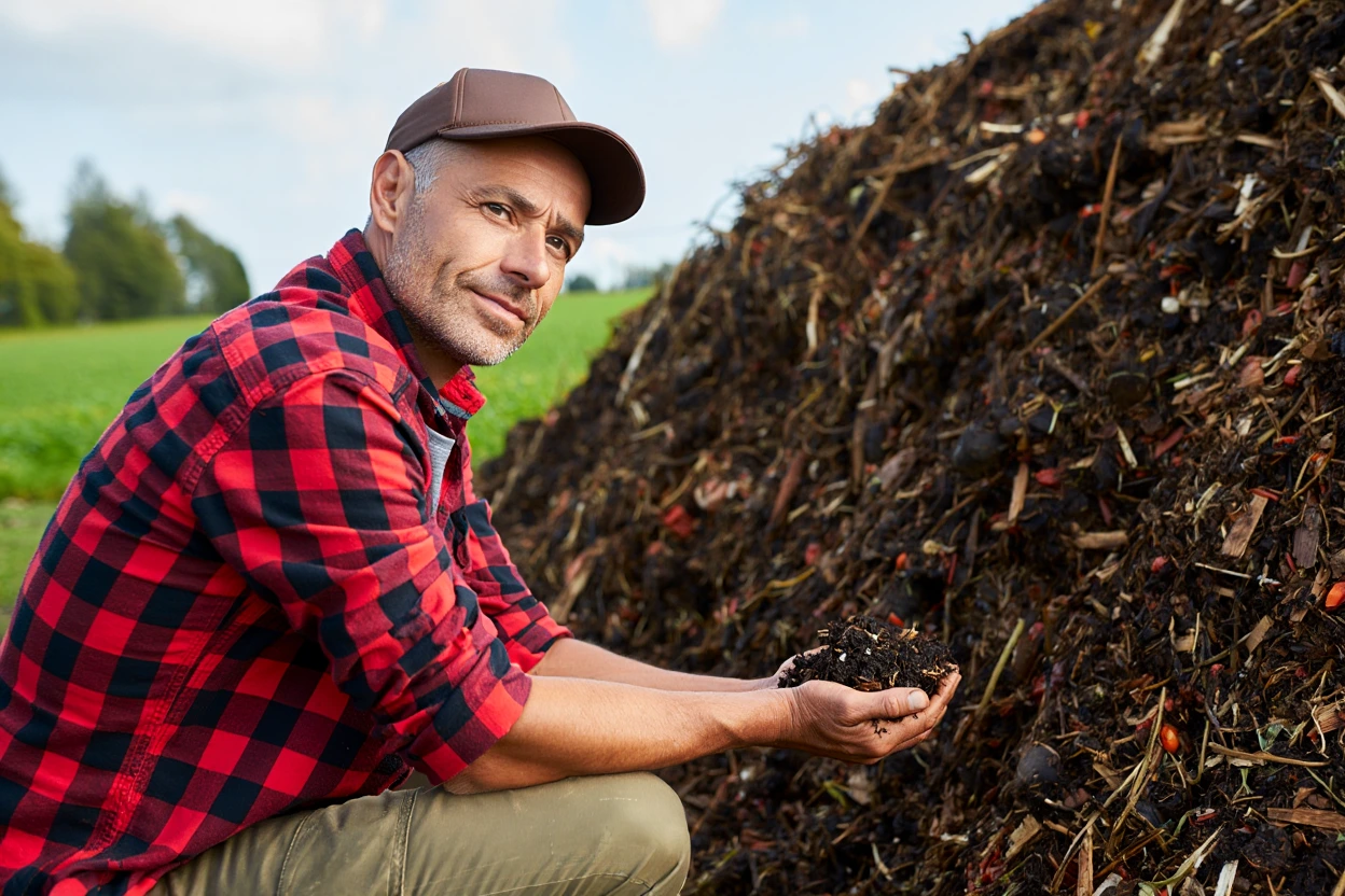Farmer inspecting compost on a farm