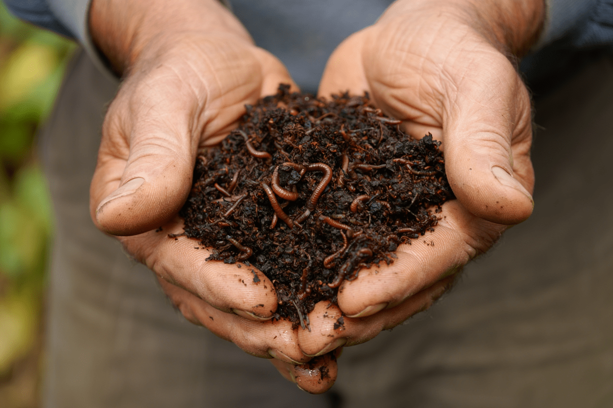 Finished compost held in hands showing mature compost texture