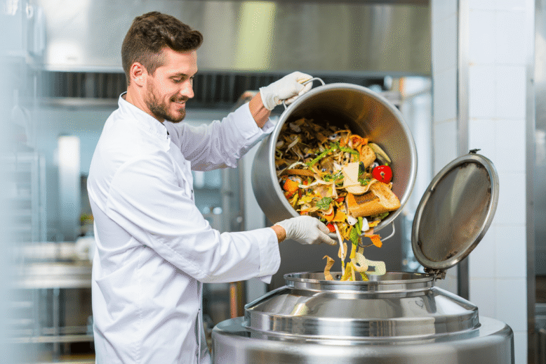 person loading food waste into a biodigester