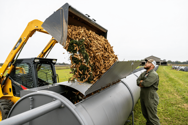 Skid steer loader unloading livestock mortality compost material into an enclosed tube composter