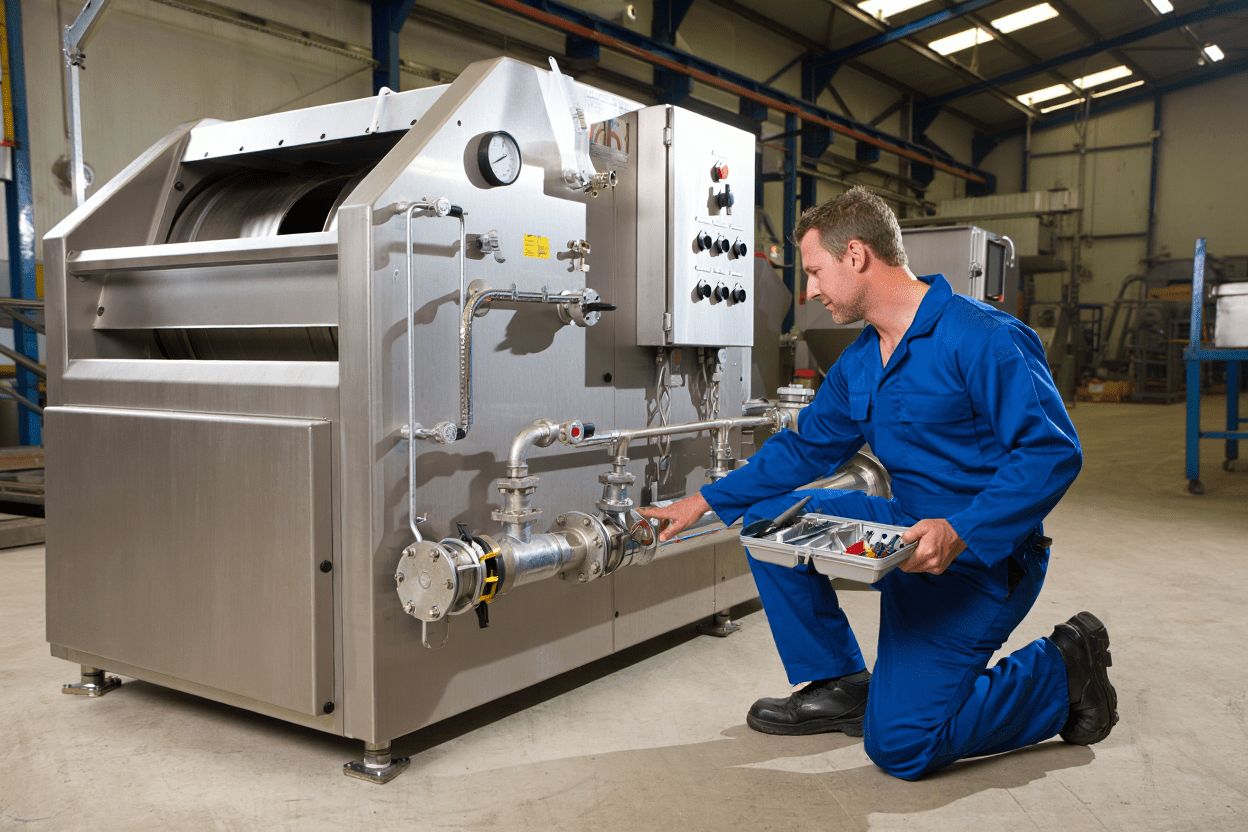 Maintenance technician inspecting industrial waste processing equipment
