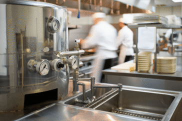 Industrial kitchen with stainless steel equipment and an integrated biodigester unit