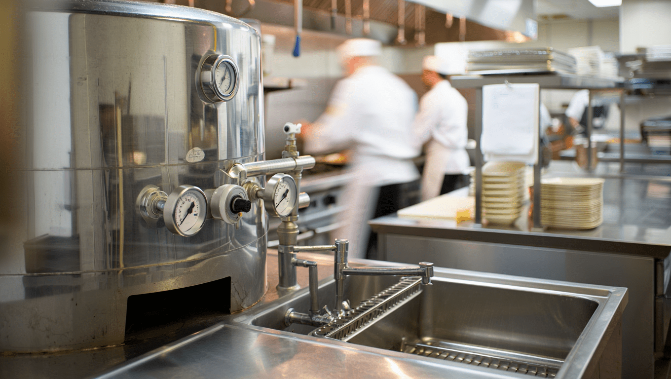 Commercial processing kitchen with biodigester equipment for food waste disposal
