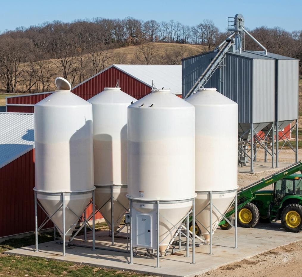 Poly feed bins on a concrete pad Four white poly feed bins with cone bottoms on a concrete pad, with outbuildings and a green tractor in the background
