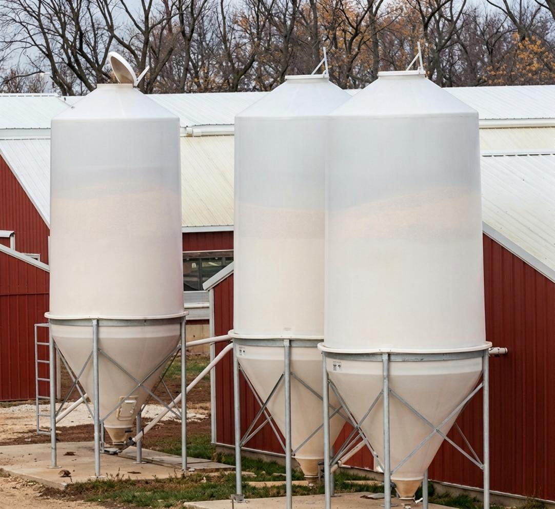 Tall poly feed bins on metal support legs Three tall white poly feed bins with cone bottoms standing on metal support legs, with a red barn and trees in the background