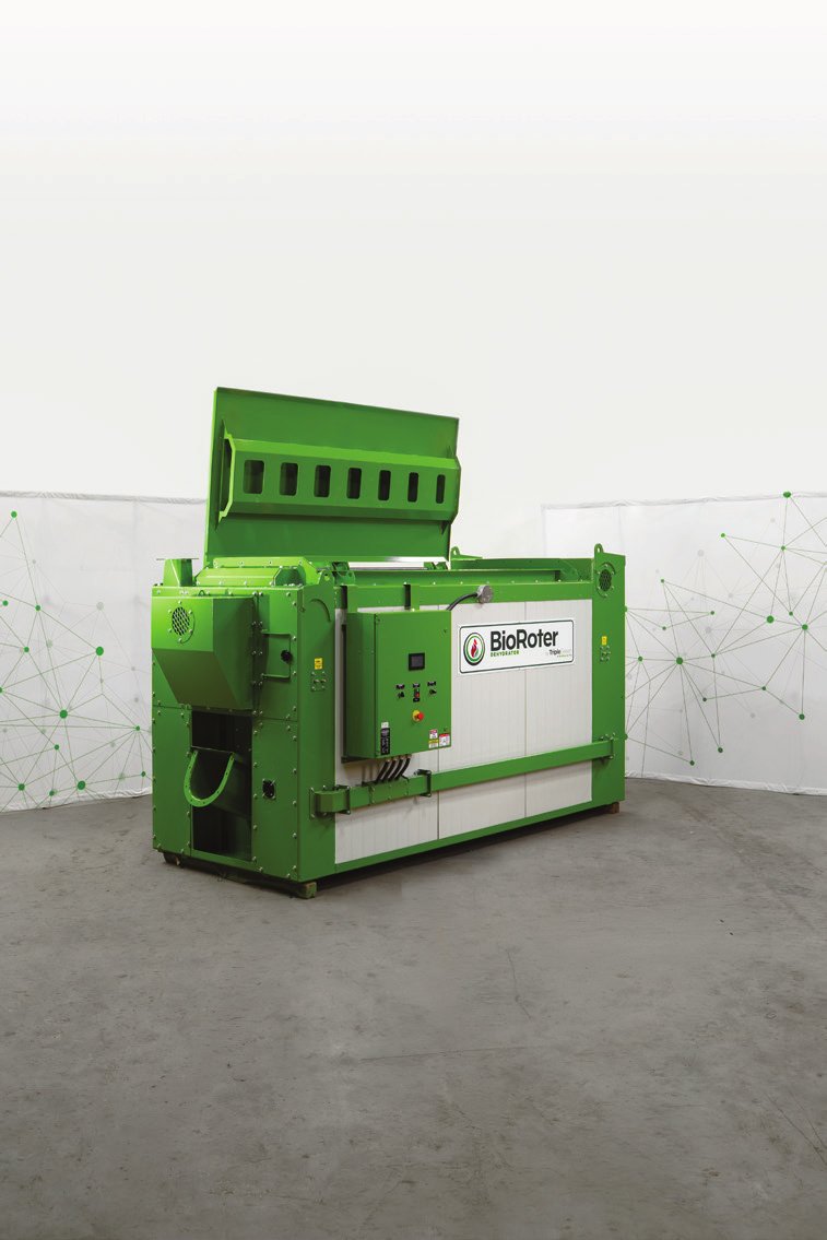 BioRoter dehydrator with the 7 foot wide loading door open for bulk loading